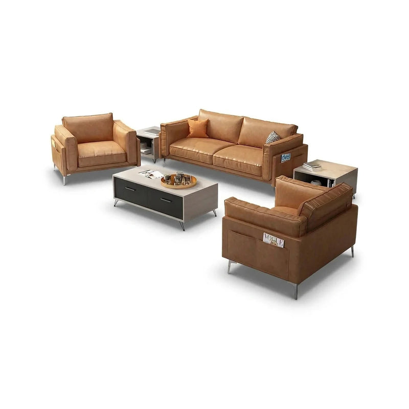 Kumla modern office lounge conversation set in brown upholstery with side pockets: 3-seater sofa and two arm chairs