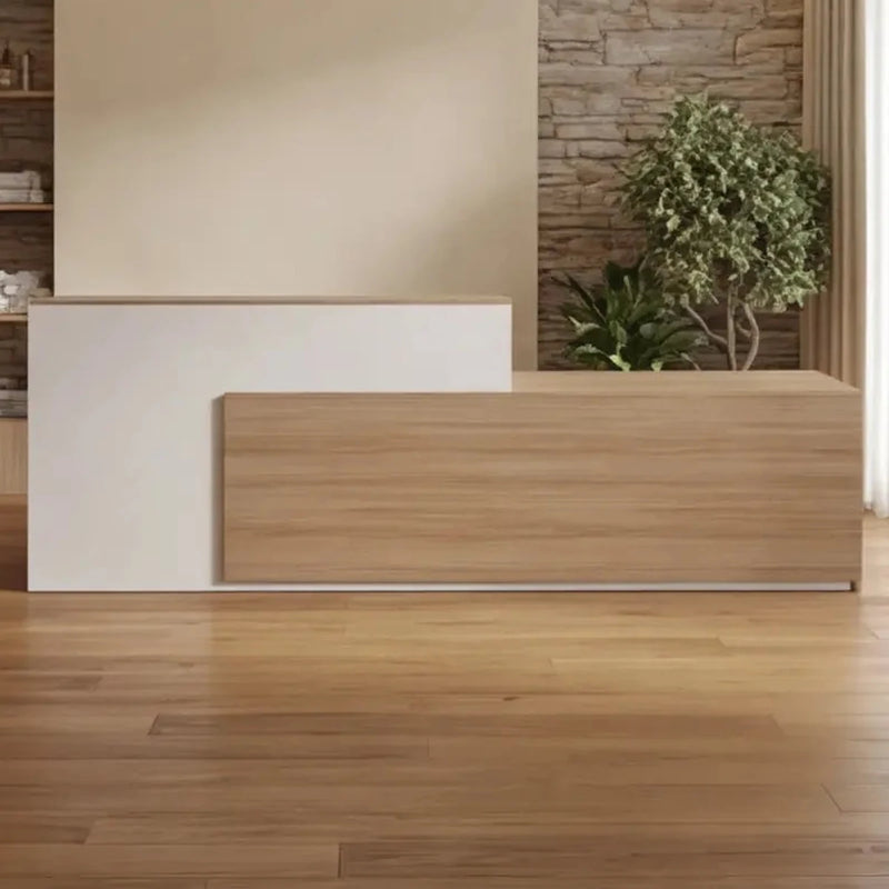 Lavien front desk, left configuration, against a stone feature wall