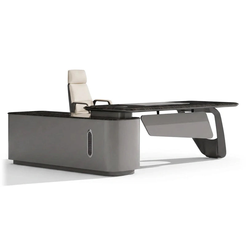 Caldrin L-shaped executive desk in metal gray with floating black top