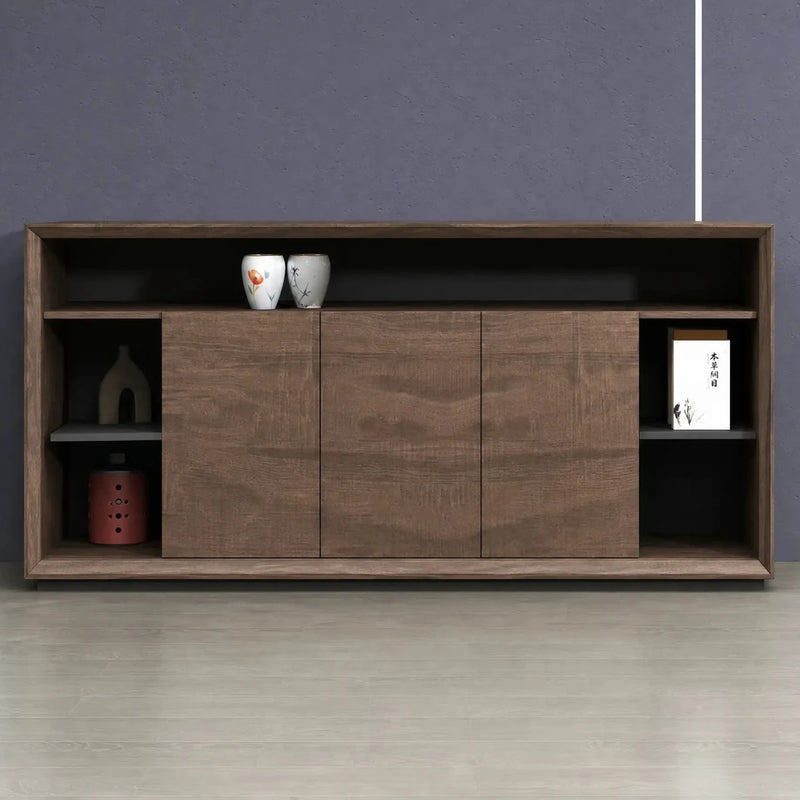 Ridgewell office credenza cabinet front view against a gray wall, décor in the end cubbies