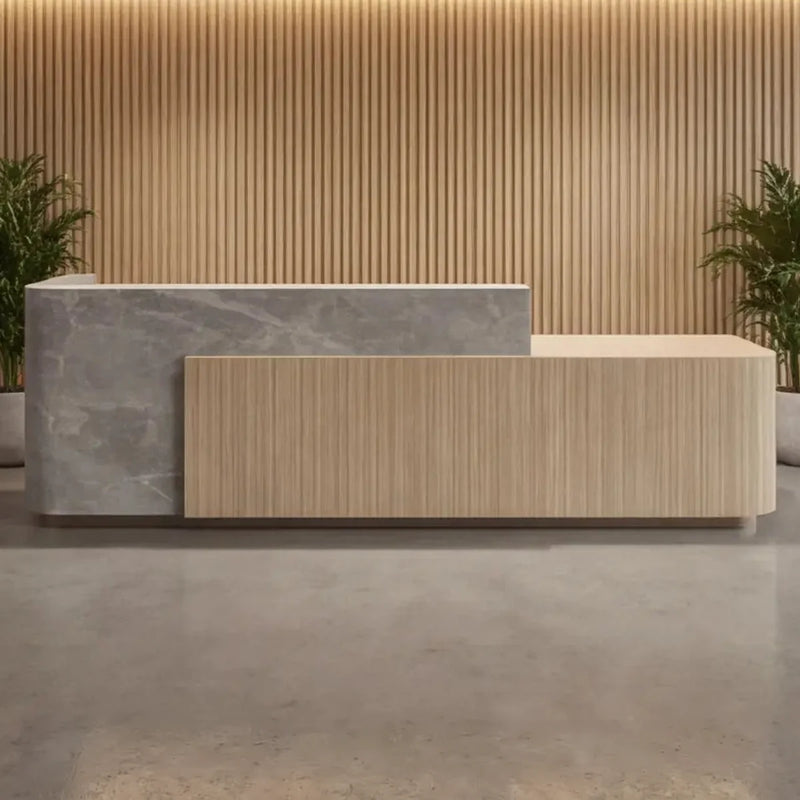 Regina front desk, left configuration, against a slat wall