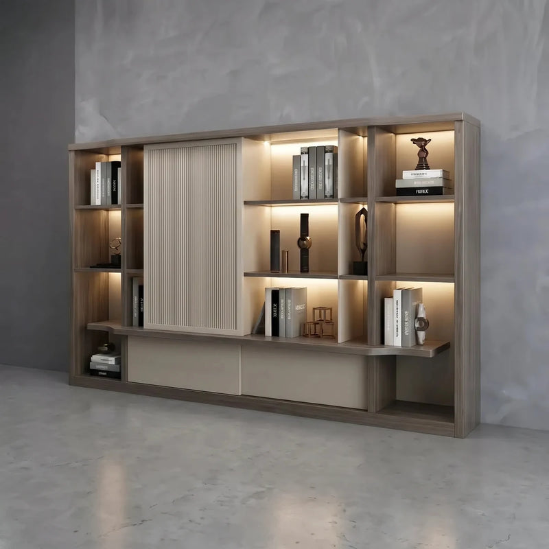 Alvric office shelves with integrated lighting, angled view, fluted sliding door and books on the open shelves