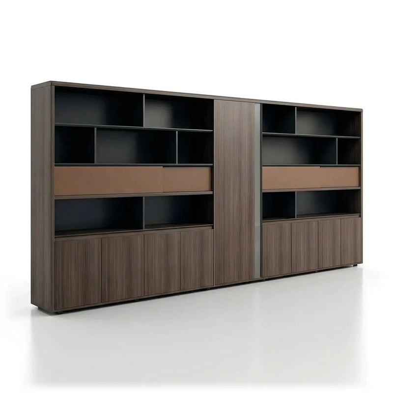 Rexton 13′9″ (165-inch) luxury office wall unit, dark woodgrain grid shelves with leather-look drawer fronts, integrated lighting