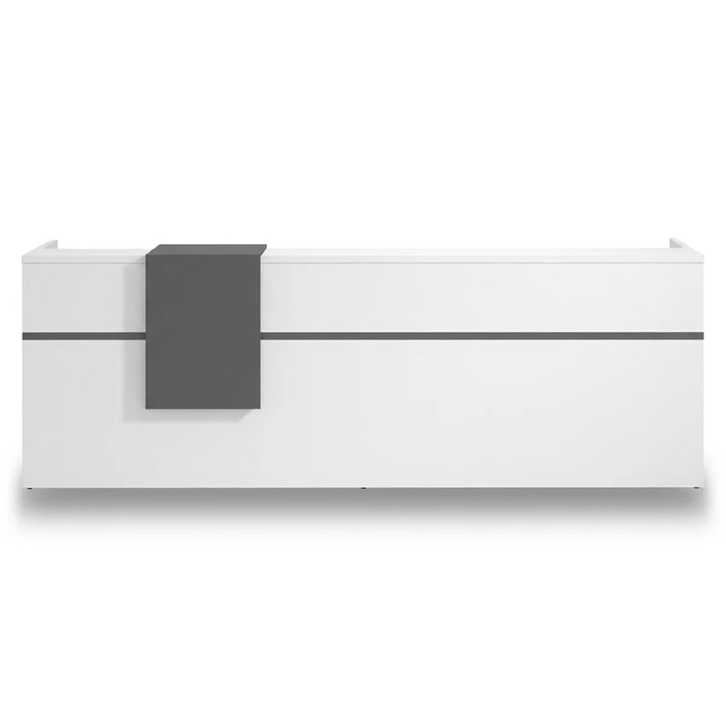 Mirel reception desk in chalk white with a gray counter runner, studio view