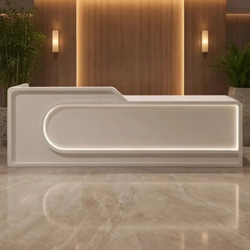 Nyssa spa front desk, left configuration, in a warm lounge