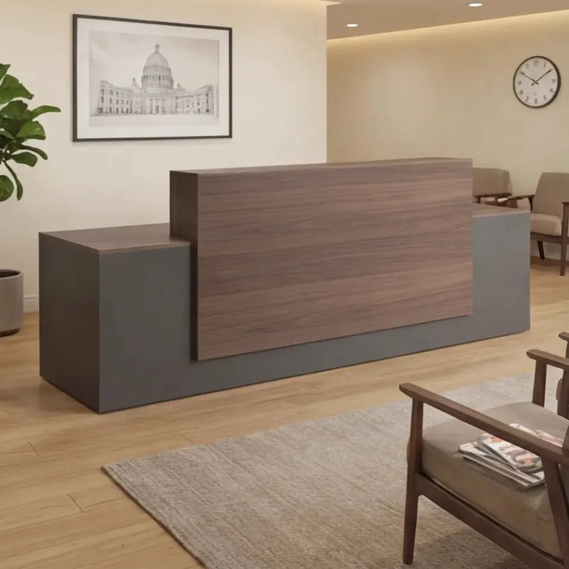 Taviel desk angled in a cream clinic lobby