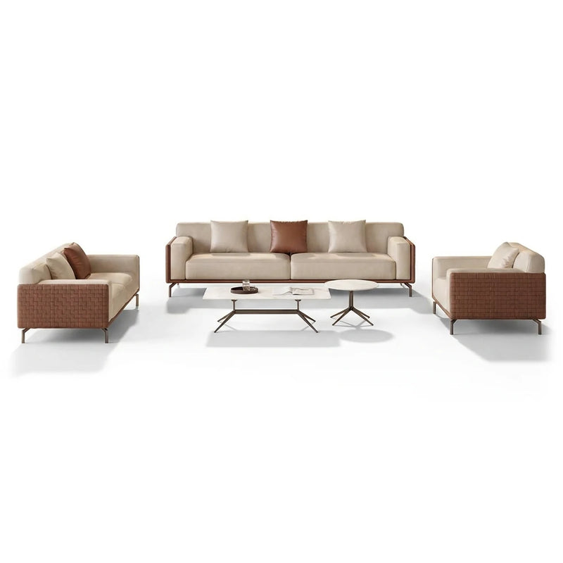 Utö modern office lounge conversation set in beige leather with woven brown side panels: 3-seater sofa and two arm chairs