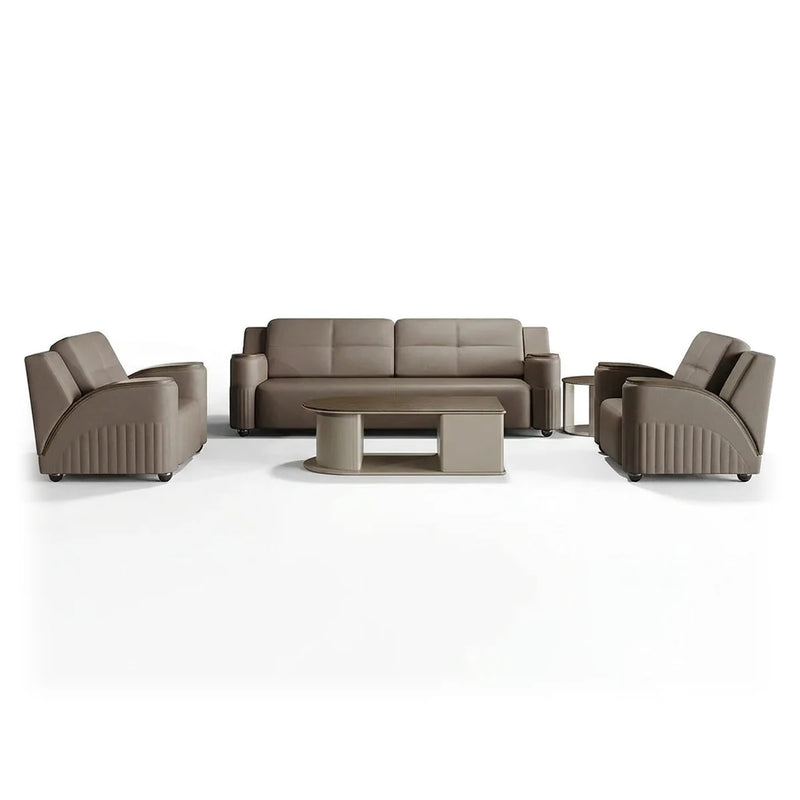 Nora modern office lounge conversation set in brown upholstery with fluted sides: 3-seater sofa and two arm chairs