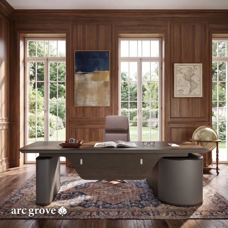 Sawyer desk straight on in a walnut-panelled office