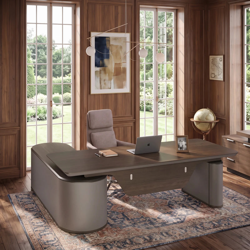 Sawyer desk from the user's side in a walnut-panelled office
