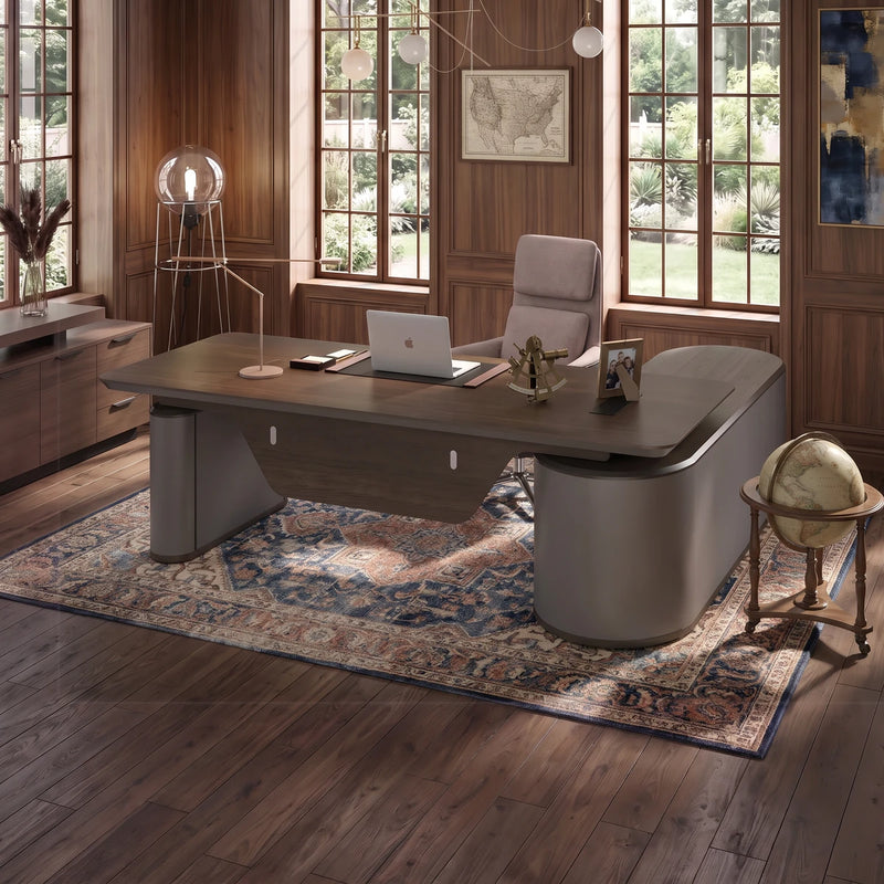 Sawyer standing desk in a walnut-panelled partner's office with garden windows