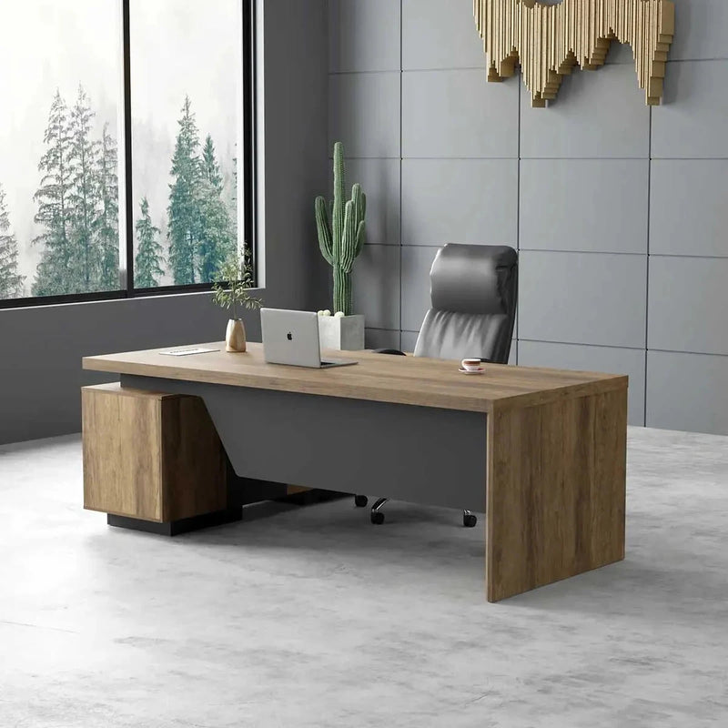 Pascal desk with dual laptops by a forest-view window