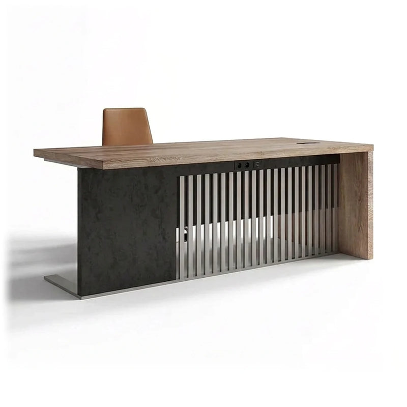 Croft small desk in rustic mahogany with chrome slat screen
