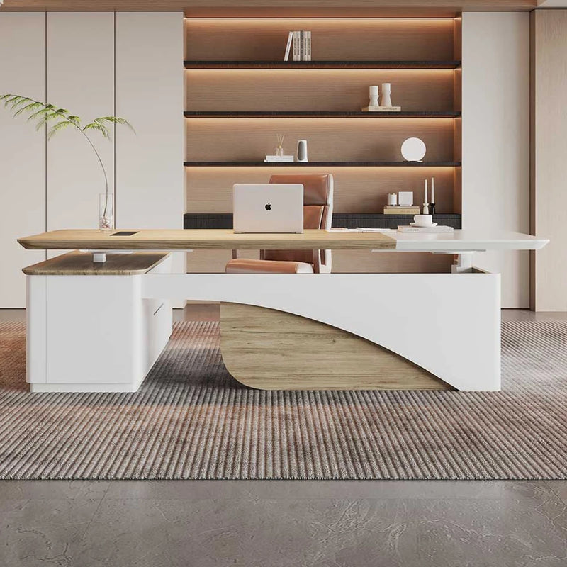 Albion executive desk in white and light woodgrain facing backlit shelving