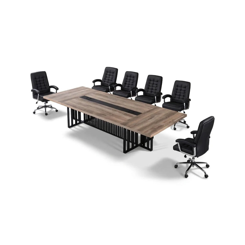 Wright modern conference table in light woodgrain with a black center strip on a slatted metal base, 9′ to 12′ (108 to 144-inch) lengths