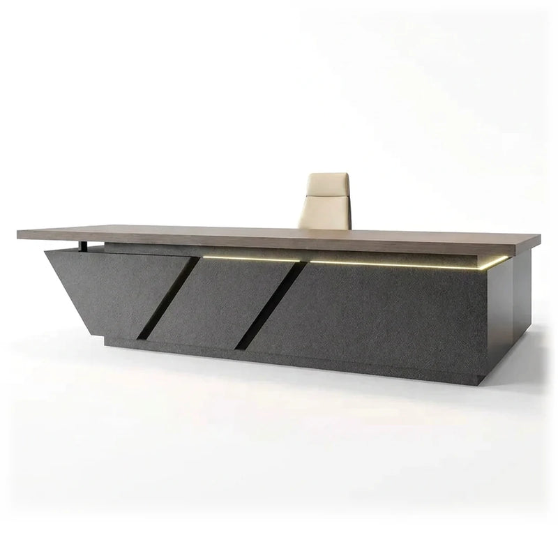 Maverick L-shaped standing desk in black stone-look with angled LED slashes