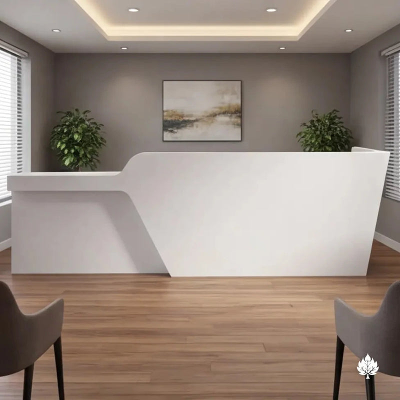 Cyrene desk, right configuration, angled on wood flooring