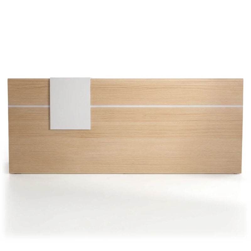 Xalric reception desk in light woodgrain with a white counter runner