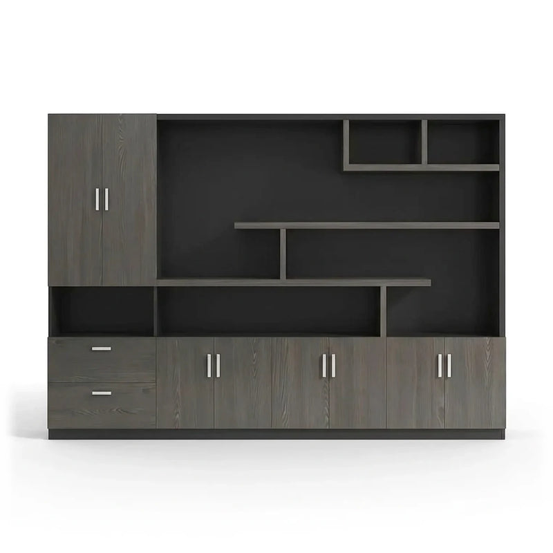 Meriton 9′2″ (110-inch) office wall unit in gray oak, staggered open shelves, tall side cabinet and lower doors, front view