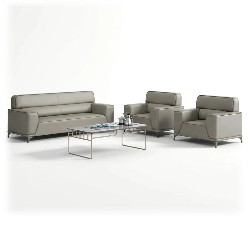 Ingarö modern office lounge conversation set in gray upholstery: 3-seater sofa and two arm chairs, studio view