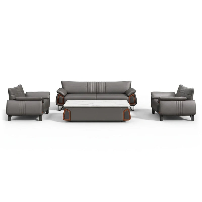 Vaxholm executive office lounge conversation set in gray upholstery with channel stitching: 3-seater sofa, two arm chairs and a coffee table