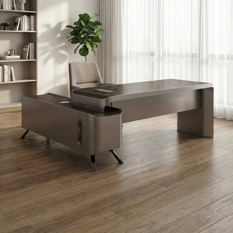 Conex desk in a minimalist home office with sheer curtains