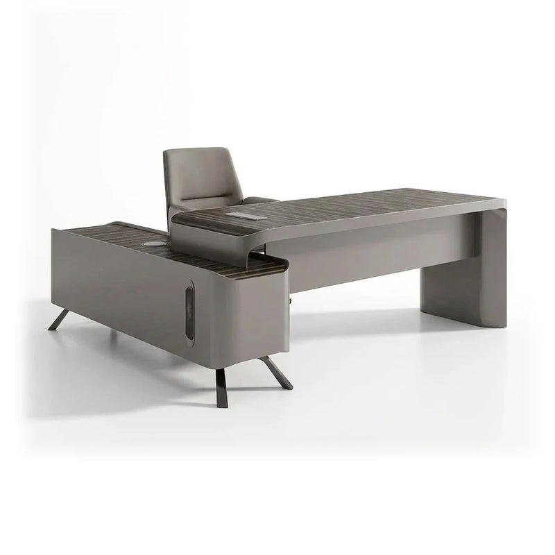 Conex luxury L-shaped desk in ebony stripe with gunmetal body