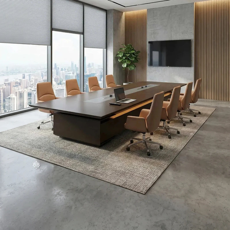 Hunter dark woodgrain boardroom table with tan leather chairs, wall TV and city windows