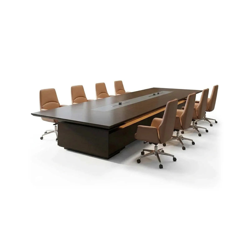 Hunter modern dark woodgrain conference table with a gray powered center runner and LED-lit pedestal, 12′ to 19′8″ (144 to 236-inch) lengths