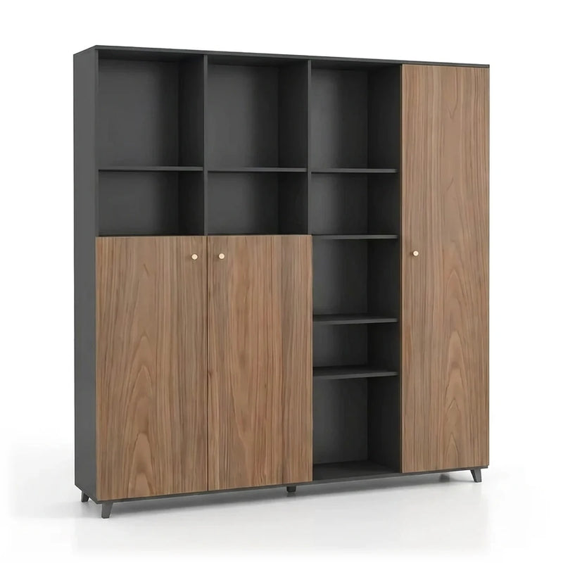Hartley 5′3″ (63-inch) office storage cabinet, dark gray open cubbies over teak doors with a tall side cabinet, front view