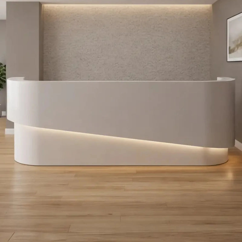 Emery front desk, left configuration, in a taupe lobby