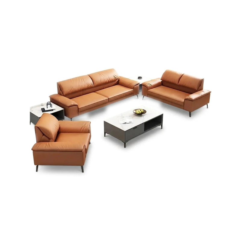 Lomma modern office lounge conversation set in orange leather: 3-seater sofa, 2-seater sofa and arm chair around a coffee table