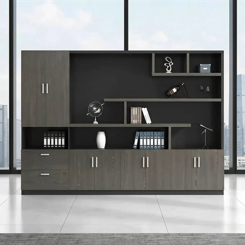 Meriton customizable office storage wall front view by floor-to-ceiling windows, binders on the shelves, closed doors