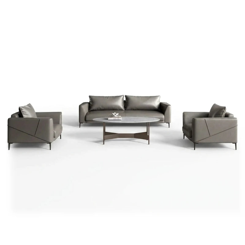 Lerum modern office lounge conversation set in gray upholstery: 3-seater sofa, two arm chairs and a round coffee table