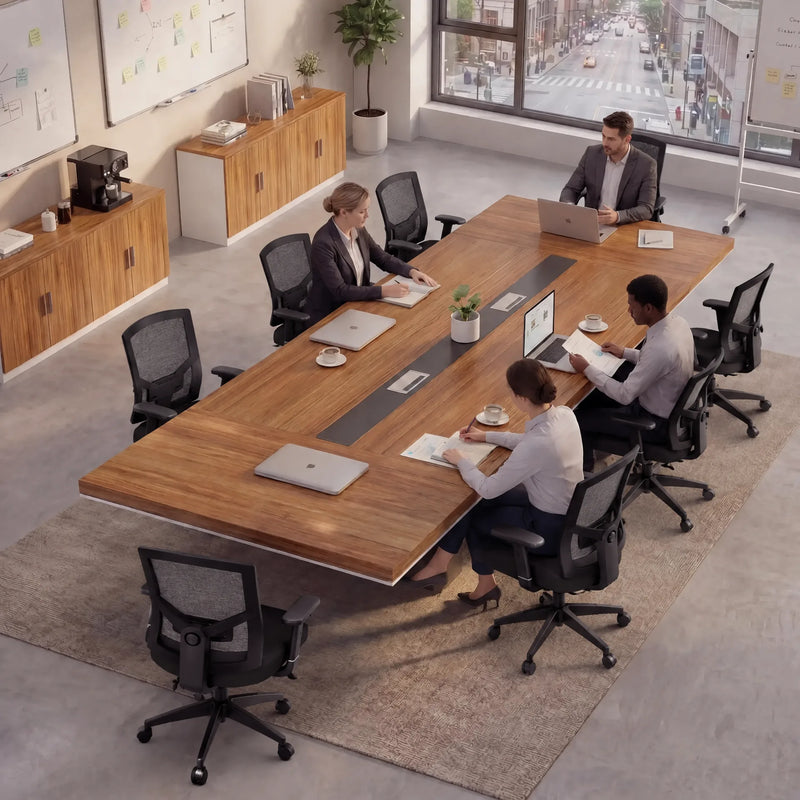 Team working on laptops at the Accord conference table, overhead view of the walnut top and cable management trough
