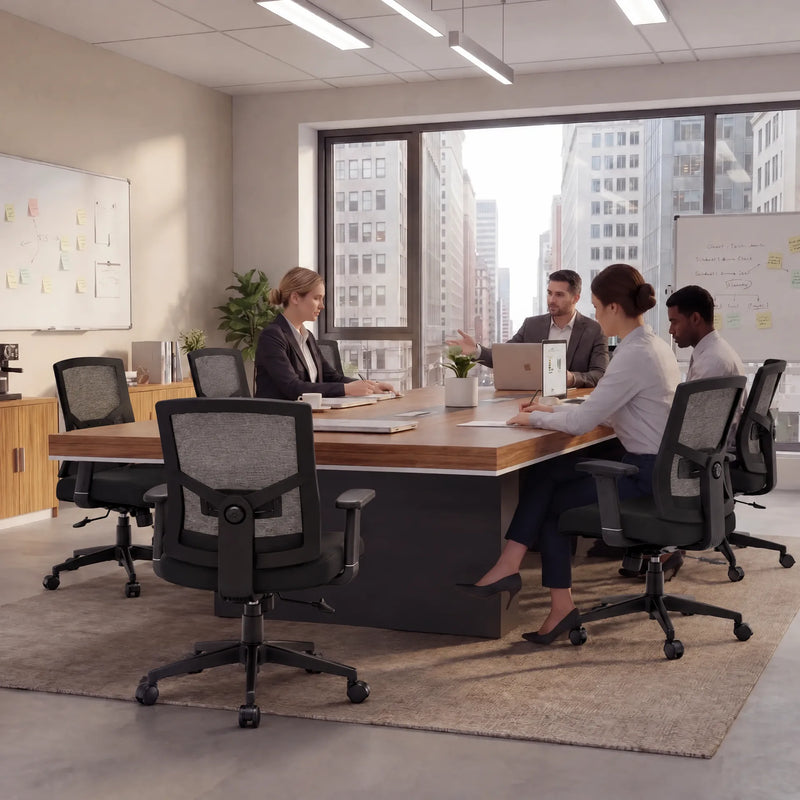 Six colleagues in a meeting at the Accord walnut boardroom table beside floor-to-ceiling city windows