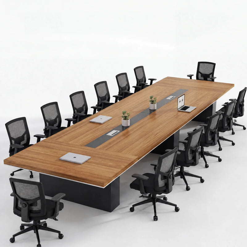 Long Accord conference table in walnut with black mesh chairs, seats up to 14 at 13′9″ (165 inches)