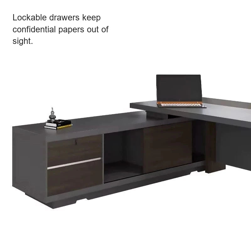 Carwin return cabinet with drawers and open shelf, close view