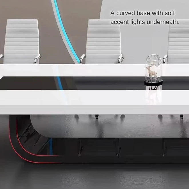 Underside detail of the Paxum curved base with red and blue LED accent rails