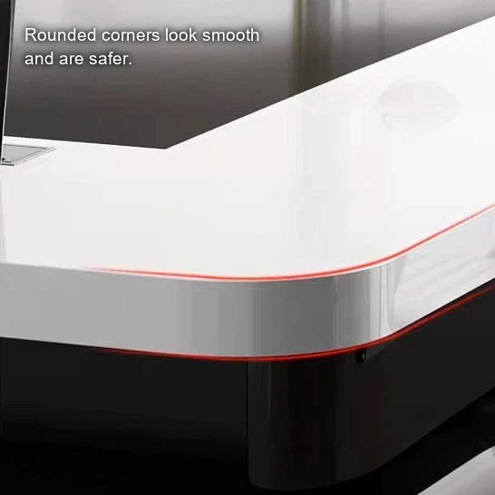 Detail of the Paxum rounded white top corner with a red LED edge over the black base