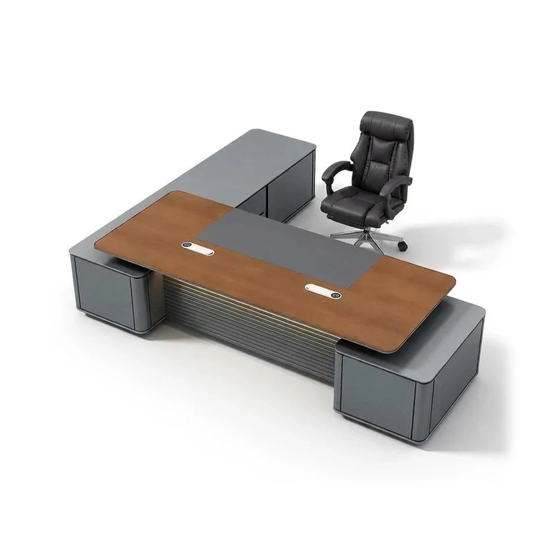 Audley grand executive desk in brown oak with gray leather-look pedestals