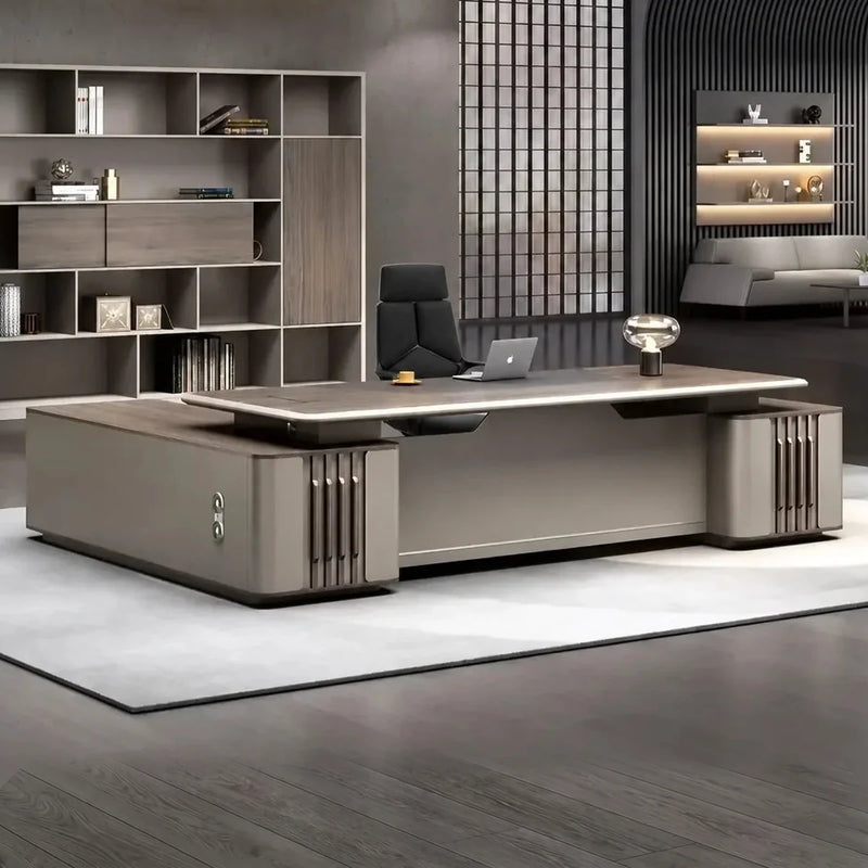 Walnut Ainley executive desk with right return in a dark-paneled CEO office
