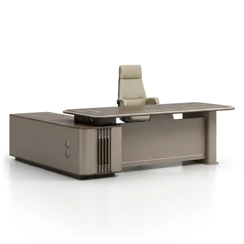Teller L-shaped desk in gray walnut with slatted column pedestal
