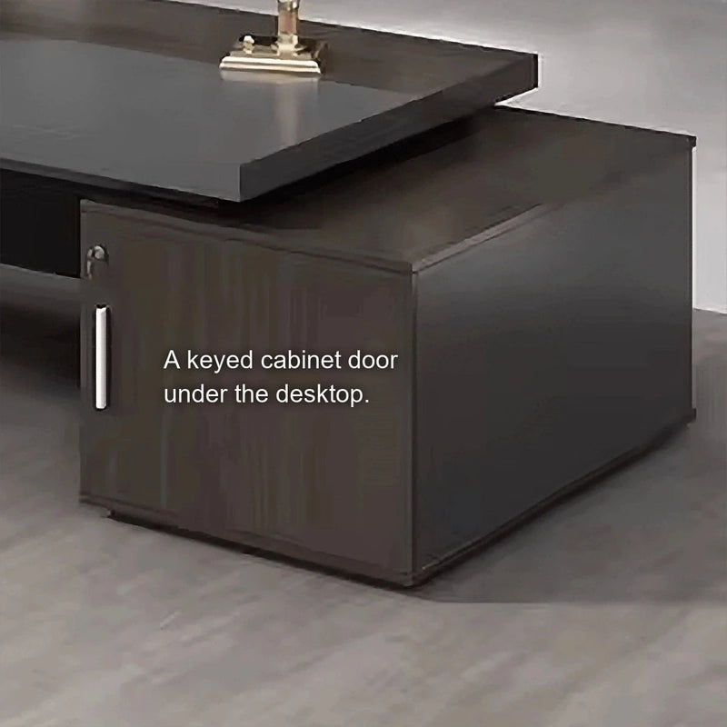 Exeter desk close-up: a keyed cabinet door under the desktop