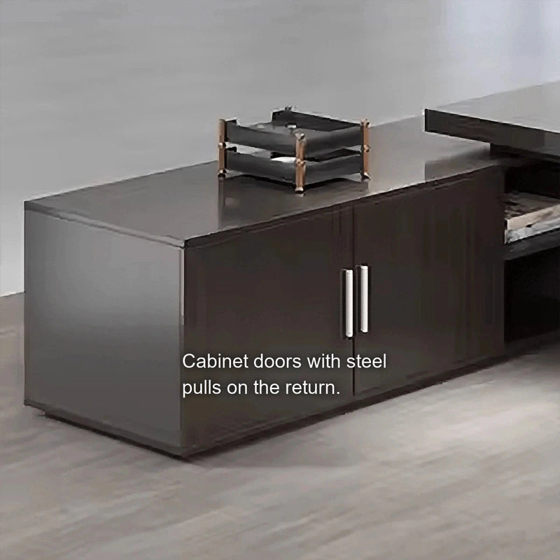 Exeter desk close-up: cabinet doors with steel pulls on the return