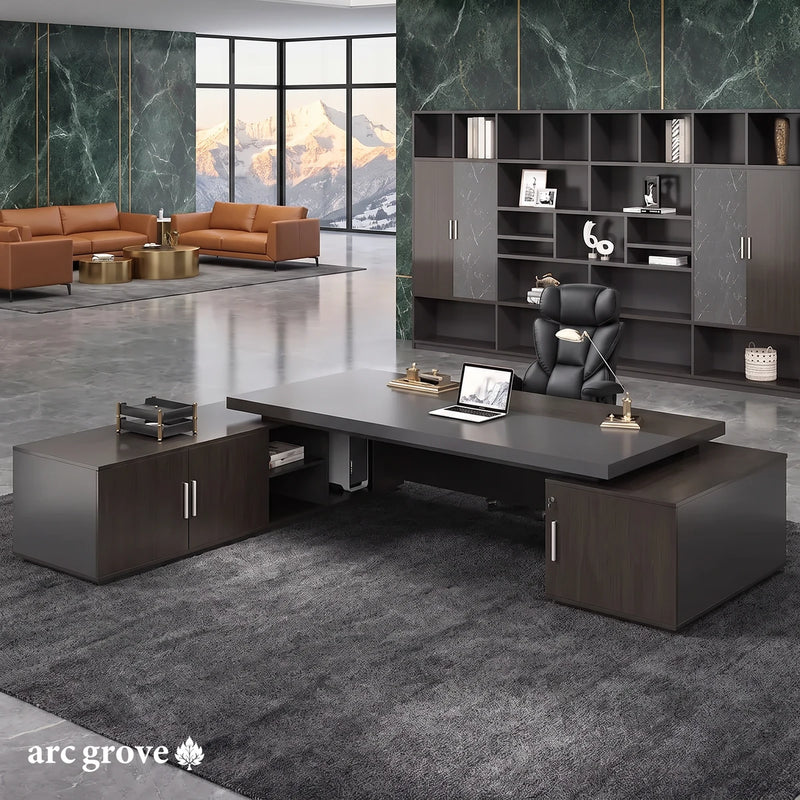 Exeter desk with double door return credenza, left return, in a green marble office