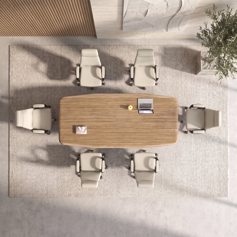 Overhead view of the Alderley coworking meeting table seating 6 on a round rug