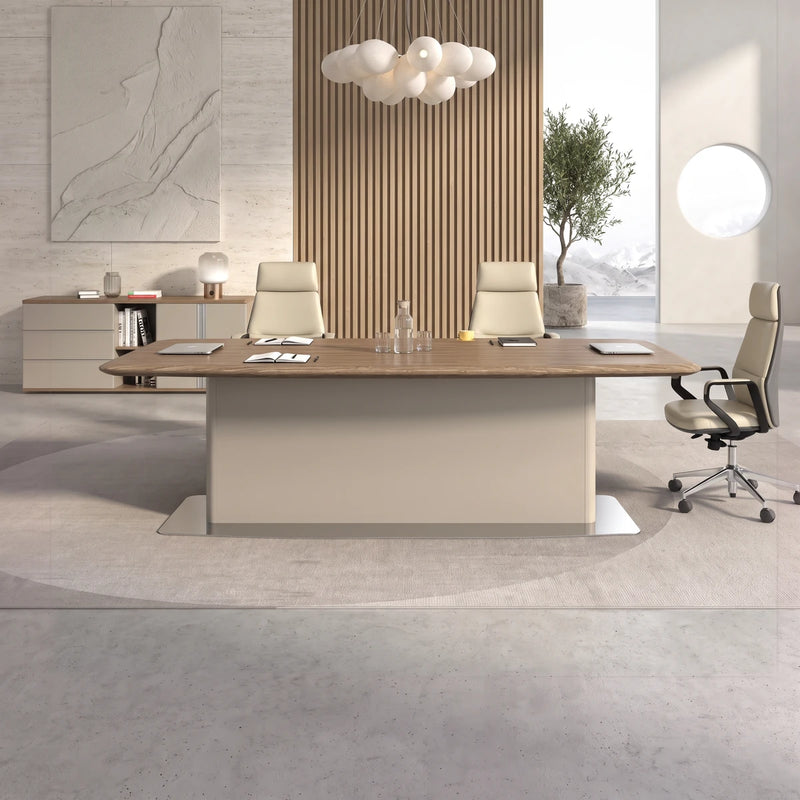 Alderley small conference table with two chairs facing a wall of pebble-glass windows