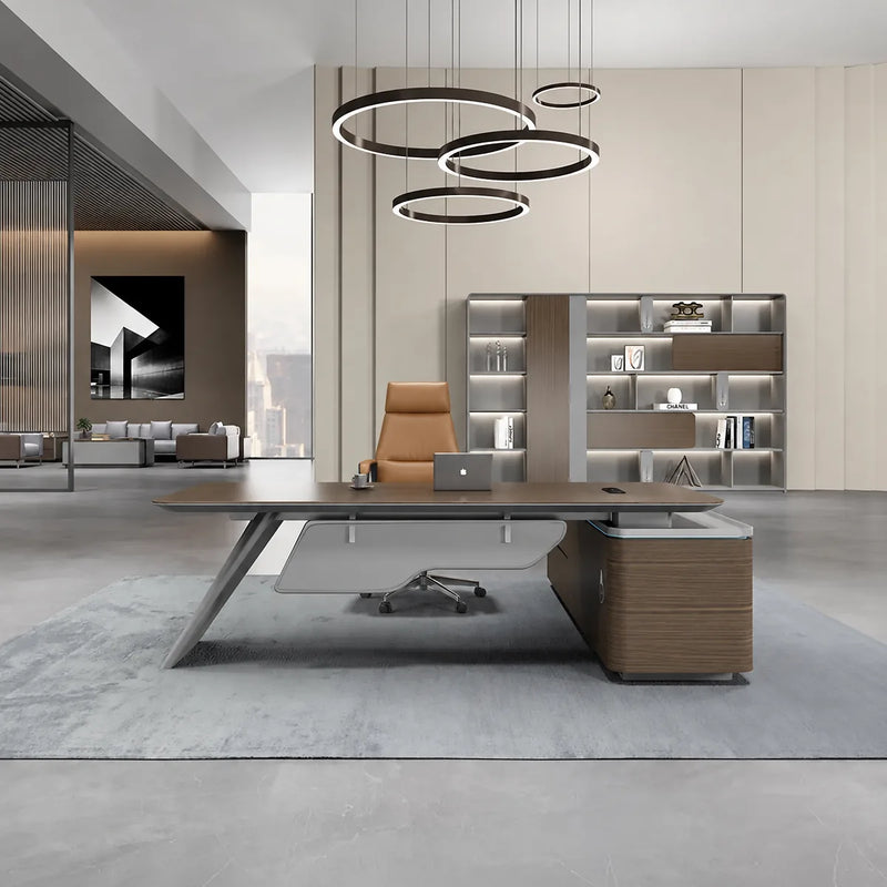 Aldiss desk with right return in a high-ceiling executive office with ring pendants