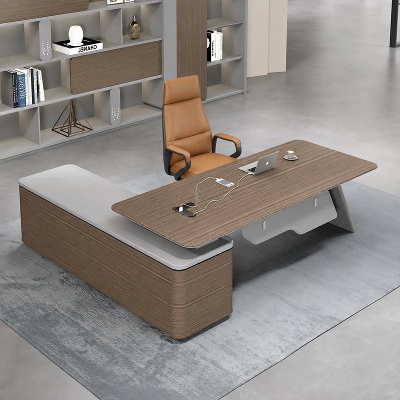 Aldiss manager desk in brown and gray, right return, beside open shelving in the workspace